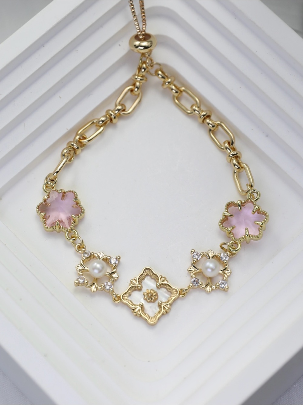 Elegant Gold Floral Bracelet with real Freshwater Pearl for women